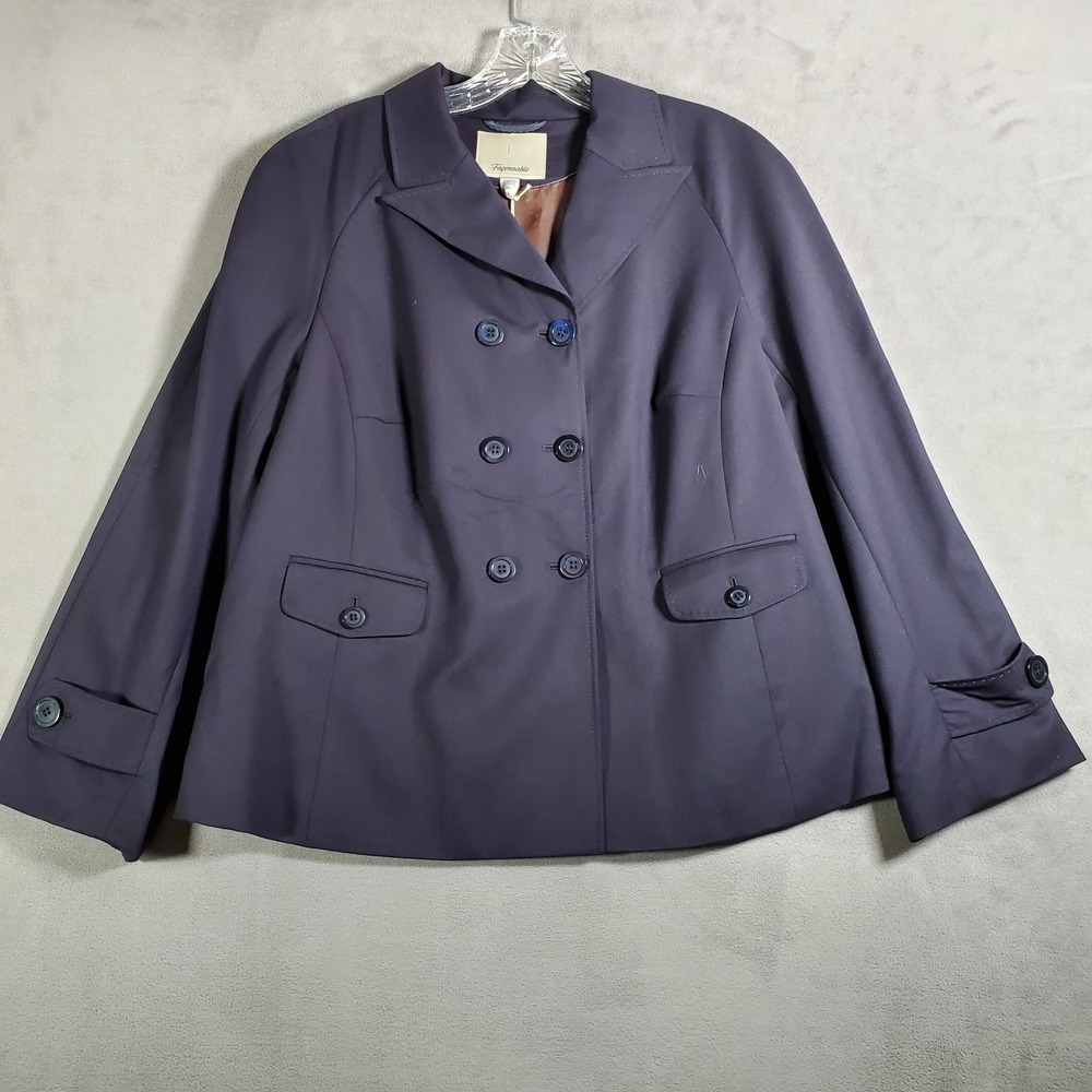 Faconnable Jacket Women XL Navy Blue Wool Blend Lightweight Pea Coat Classic NEW